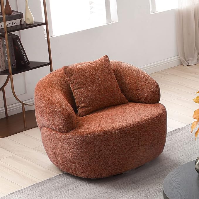WILLIAMSPACE Swivel Accent Sofa Chair Round Back Boucle Barrel Chair with Pillow Modern Leisure Arm Chair for Hotel Living Room Bedroom Office (Orange)