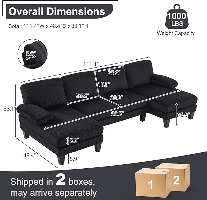 Karl home U-Shape Sectional Sofa Couch 111 Modern 4-Seat Sofa with Chaises Corduroy Fabric Upholstered Covertible Couch with Wood Grain Legs for Living Room Reception Room Apartment Black