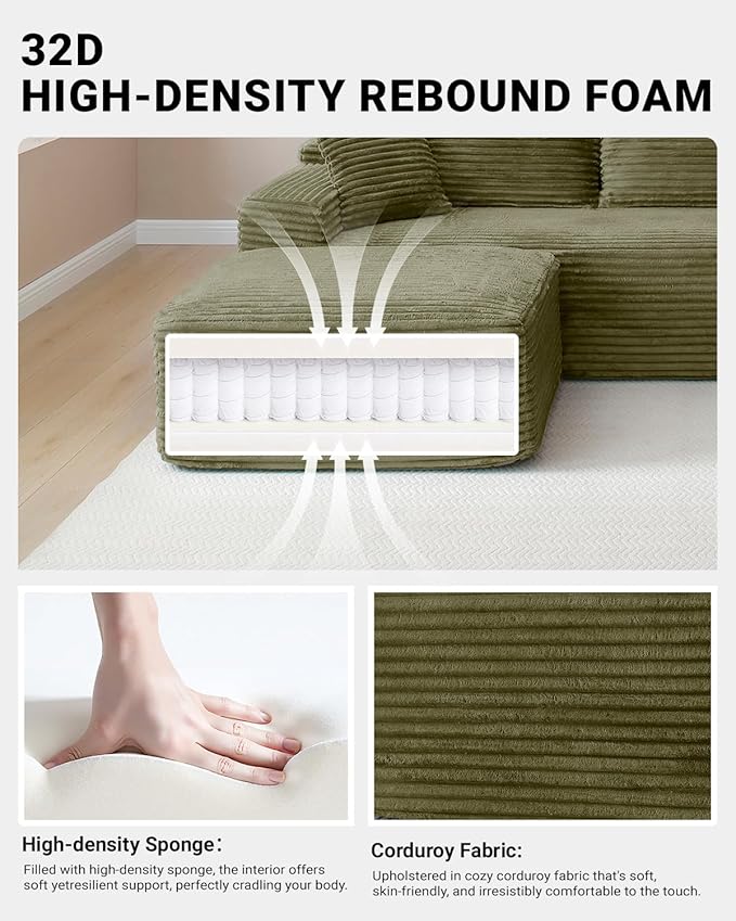 150 Oversized Modular Sectional Sofa Deep Seat Cloud L-Shape Corduroy Couch with Cup Holders USB Ports Wireless Charging &amp Storage Box Upholstered Modular Sleeper Sofa for Living Room (Green)