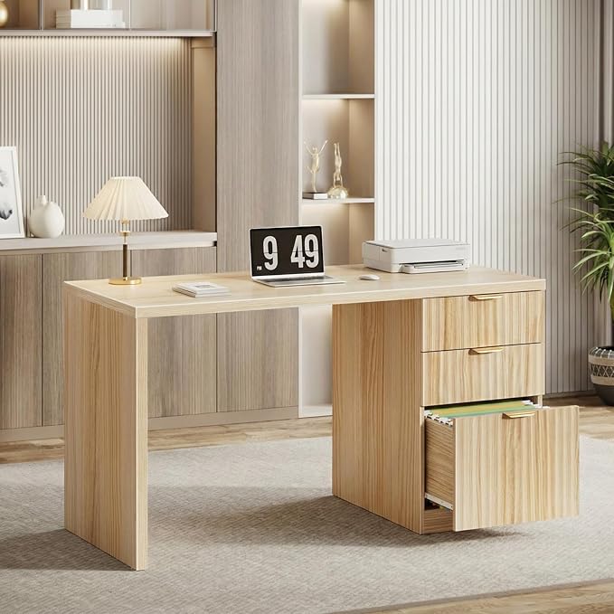 Fluted Desk with File Drawers - 47 Inch Modern Executive Desk Wood Desks with Cabinet Drawers for Home Office Boho Wooden Computer Desks with Storage for Writing Study Bedroom Light Natural Oak