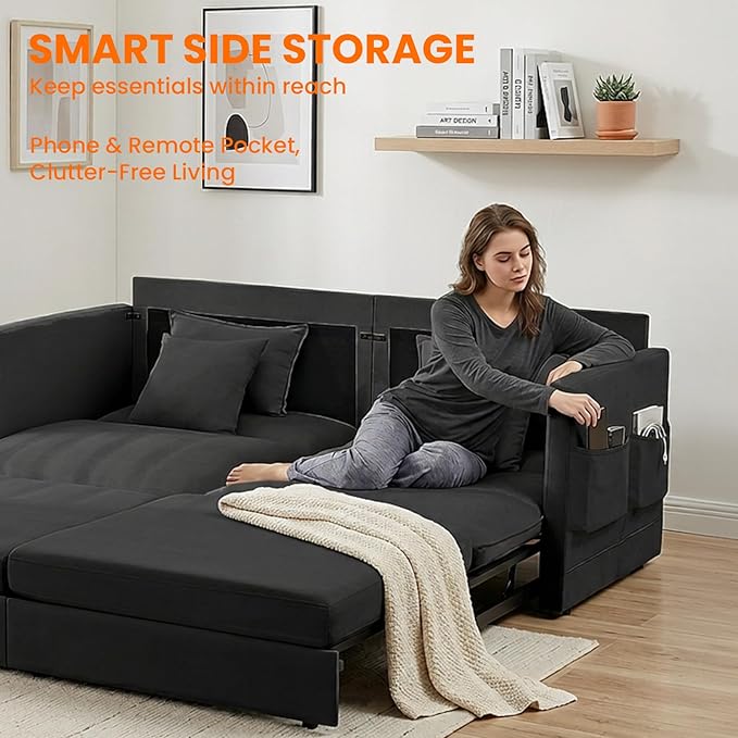 CECER 78 King Size Pull Out Sofa BedIce Velvet Pull Out Couch with Side Pocket3-in-1 Convertible Sleeper Sofa with 4 Pillows for Small Space/Living Room/Bedroom（Black）