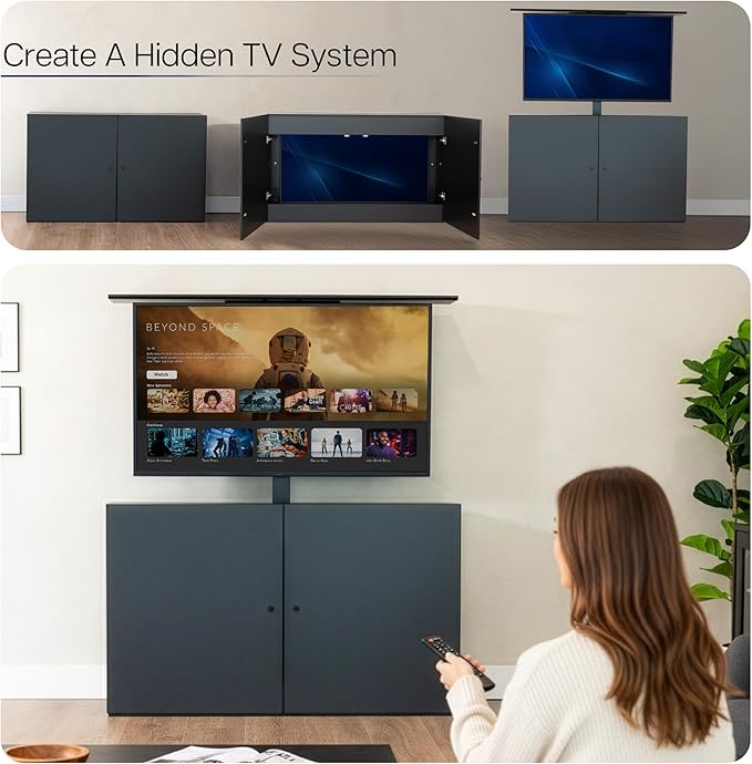 VIVO Black TV Cabinet with Motorized Vertical Lift Television Stand Holds 32 to 55 inch TVs up to 44 lbs CASE-KIT-EUP1B