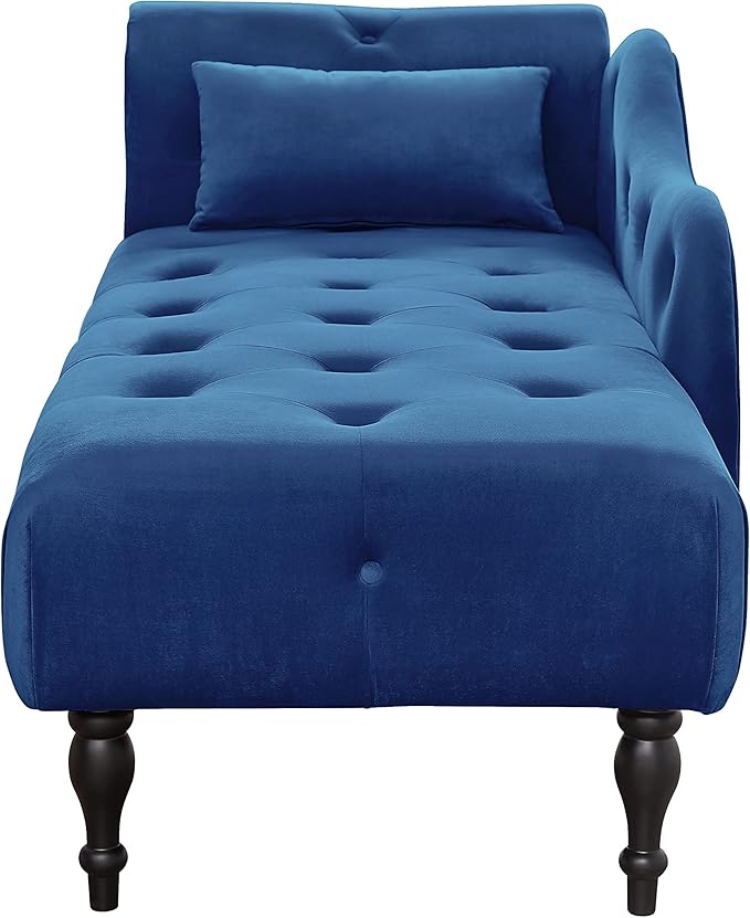 60 Modern Velvet Chaise Lounge IndoorUpholstered Lounge Chair with Left Armrest and Lumbar Pillow Button Tufted Lounge Sofa for Living Room Bedroom OfficeMini Chaise Longue Sofa (Blue)