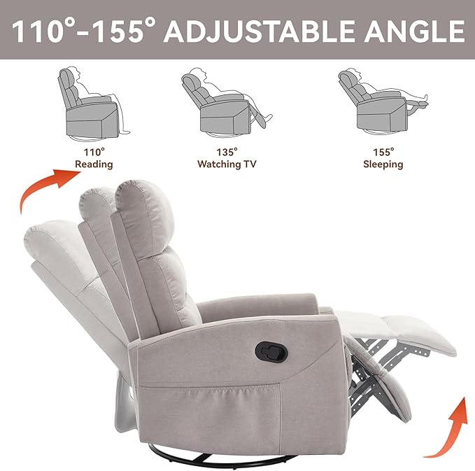 Slim Lazy Boy Recliners for for Adults Swivel Rocking Chair Recliner with High Back Small Recliner Chair for Small Spaces Manual Reclining Chair for Living Room Adjustable Footrest (Khaki)