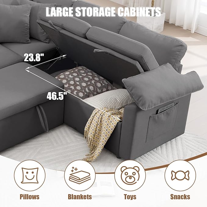 85 Modular Sectional Sofa with Pull Out Bed L Shaped Couch with Storage 5-Seater Sleeper Sofa Sectional Couches for Living Room Cloud Modular Couch with Removable Sofa Cover