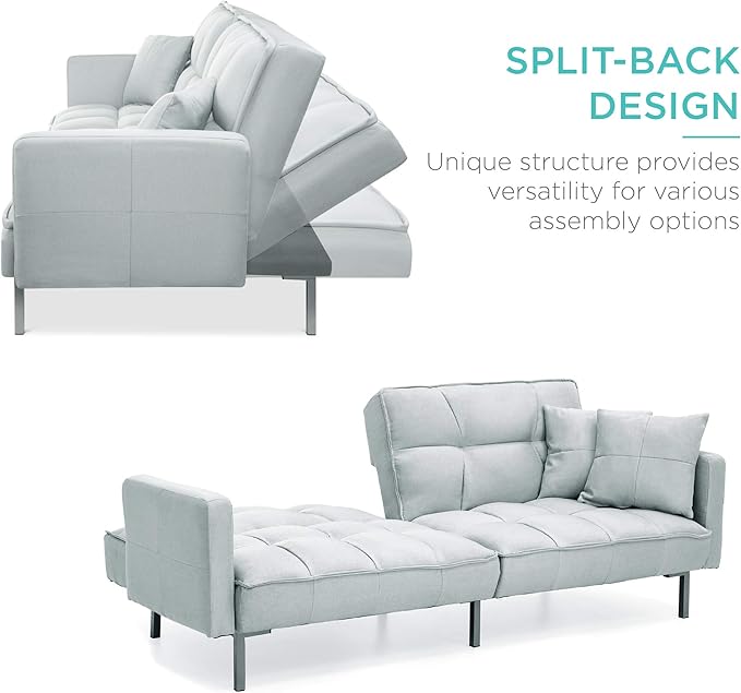 Best Choice Products Convertible Linen Fabric Tufted Split-Back Plush Futon Sofa Furniture for Living Room Apartment Bonus Room Overnight Guests w/ 2 Pillows Wood Frame Metal Legs - Light Gray
