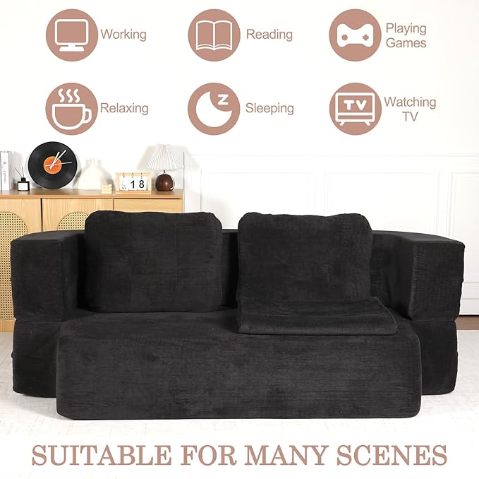 Folding Sofa Bed 78.7 Extra-Long Convertible Sofa Bed with 2 Pillows &amp Blanket 14.6 Thick High-Density Foam Boneless Couch for Bedroom Living Room Apartment Black
