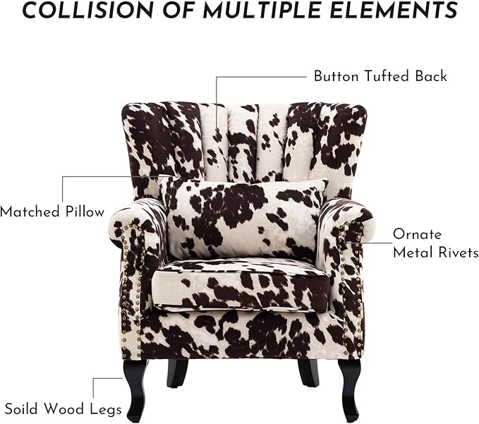 Accent Reading Arm Chairs Midcentury Modern Comfy Corner Sofa Chair Wingback Waiting Room Club Chair with Channel Back for Living Room/Bedroom/Reception Room Fabric Cow