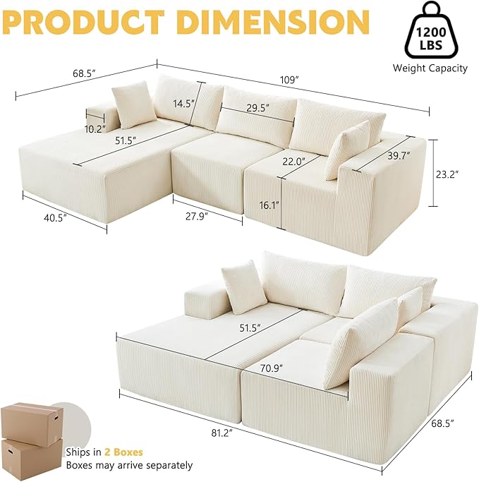108” Boneless Couches for Living Room Cloud Modular Sectional Couch Modular Sectional Sofa with Deep Seat Modren Comfy Corduroy Fluffy Couch with L-Shaped Chaise No Assembly Required Light Beige