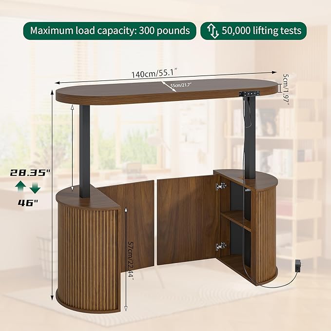 Mid Century Modern Electric Standing Desk with Storage 55 x 22 Inch Small Sit Stand Up Desk Wood Adjustable Height Computer Executive Desk for Home Office Laptop Walnut