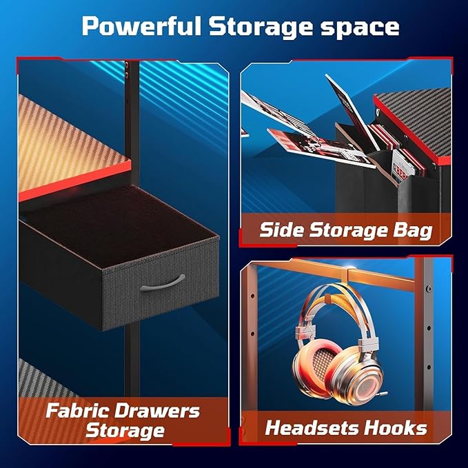 Bestier Gaming Desk with Drawer 44 Inch Small Computer Desk with PC Shelf Gaming Table with LED Lights for Small Spaces Reversible Gamer Desk with Storage Bag &amp Side Hook Black-RED