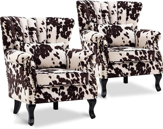Accent Reading Arm Chairs Set of 2 for Living Room Bedroom Midcentury Modern Comfy Corner Sofa Chair Wingback Waiting Room Club Chair with Button Tufted Back &ampLumbar Pillow Fabric Cow