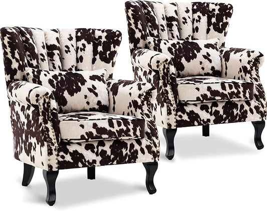 Accent Reading Arm Chairs Set of 2 for Living Room Bedroom Midcentury Modern Comfy Corner Sofa Chair Wingback Waiting Room Club Chair with Button Tufted Back &ampLumbar Pillow Fabric Cow
