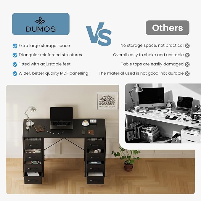 DUMOS 47 Inch Computer Desk with 8 Fabric Drawers Office Gaming Desk with Storage Writing Study Table with X-Shaped Reinforced Structure Black
