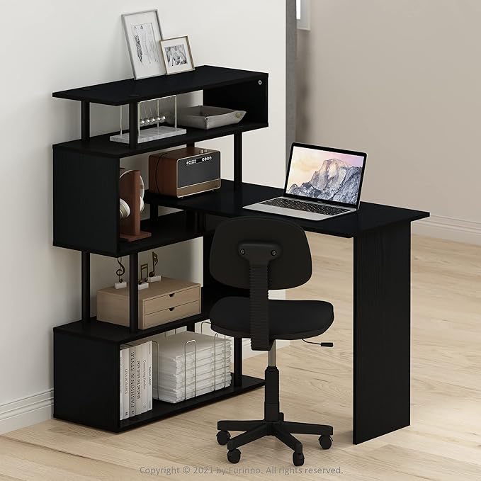 Furinno Moore L-Shape Computer Desk with 5-Tier Shelves Americano