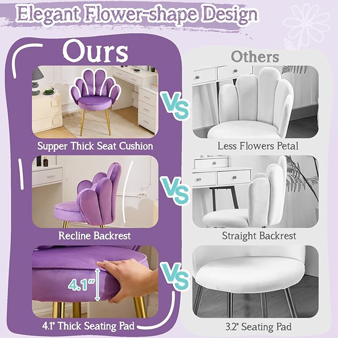 VINGLI Petal Makeup Vanity Chair with BackFlower Cute Girls Desk Chair Comfy No WheelsModern Dining ChairSmall Accent Chair with Adustable Gold Legs&ampBow Pillow for Home OfficeBedroomVelvetPu