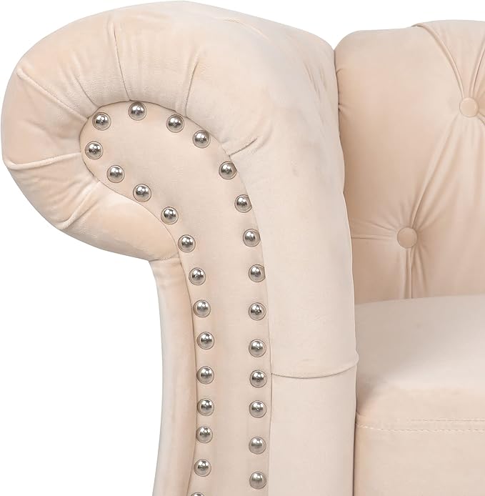 RARZOE Contemporary Velvet Chesterfield Chairs Chesterfield Velvet Club Chair Chesterfield Button Tufted Velvet Scrolled Arms Accent Chair with Nailhead Trim for Living Room Bedroom Office(Beige)