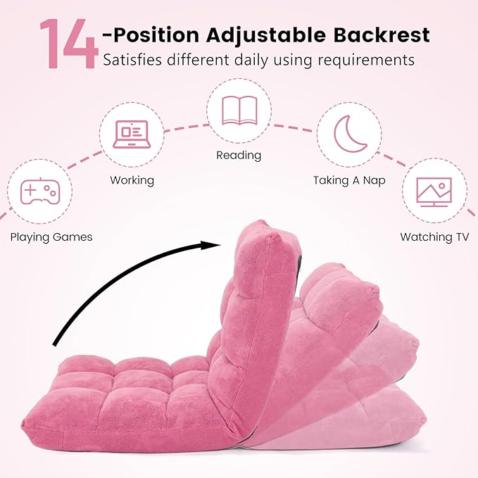Moccha 14-Position Floor Chair Folding Sofa Chair with Back Support Memory Foam Floor Gaming Chairs for Adults Adjustable Padded Couch Recliner Sleeper Bed for Reading Meditating Pink