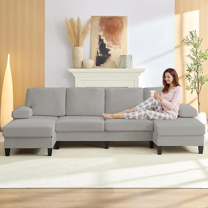 Mjkone 110 Width Sectional Couches with Chaises for Living Room U Shaped Cloud Sofa Couch with Ice Velvet Fabric Minimalist 4 Seater Sofa Set Living Room Sets Furniture for Home Office Light Grey