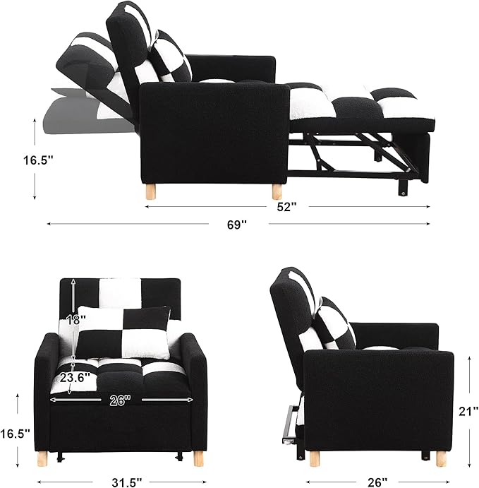 Sleeper Sofa Bed 3-in-1 Convertible Chair Bed Multi-Functional Sleeper Chair Soft Teddy Fabric for Living Room Apartment Office
