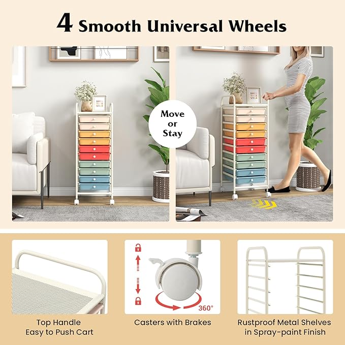 Giantex 10-Drawer Rolling Storage Cart w/Wheels Handle Removable Drawers Mobile Organizer Storage Unit Trolley Utility Cart for Home Kitchen Makeup Living Room Office Play Room