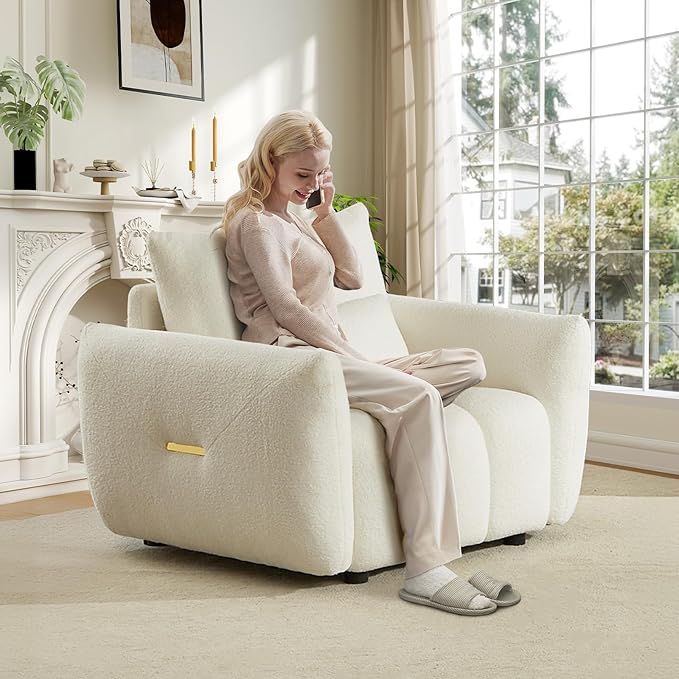 Modern Accent Chair 36.8W Teddy Bouclé Comfy Armchair with 3 Pillows Tufted Upholstered Cloud Single Sofa Chairs Deep Seat Reading Lounge Chair for Living Room Bedroom Office Apartment(Beige)