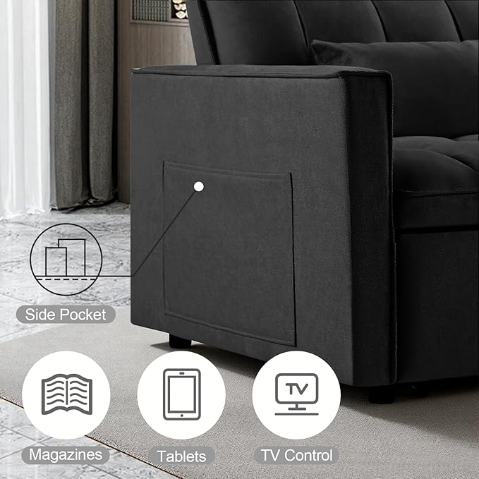 Convertible Sofa Bed Pull Out Sofa Bed with Adjustable Backrest 3 in 1 Velvet Fabric Loveseat Sleeper Sofa Bed Couch with Side Pockets for Living Room Bedroom Apartment Black