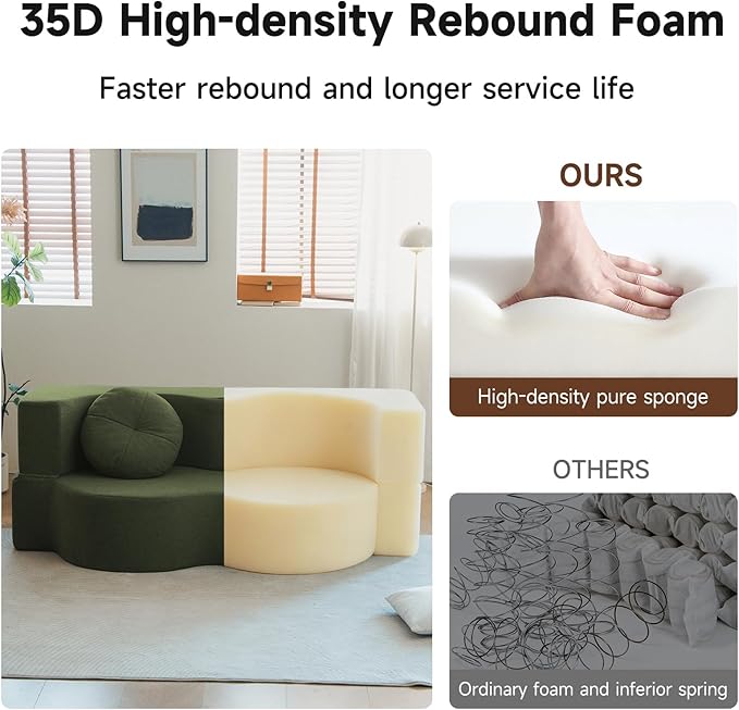 2-in-1 Convertible Folding Sofa Bed Sleeper Sofa with Pillow Teddy Fabric High-Density Foam Floor Mattress Sleeper for Living Room Guest Use Office Apartment No Assembly Required (Green)