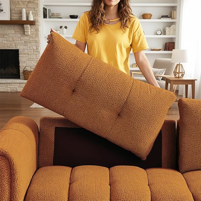 91.5 W Cloud Boucle Sofa for Living Room Modern Comfy Boucle Couch with Rolled Arms and Soft Pillows Teddy Oversized Loveseat for Apartment Studio Bedroom Orange
