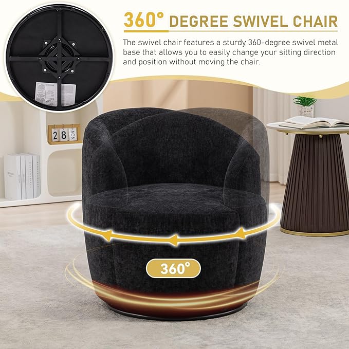 Swivel Accent Chair360 Degree Chenille Small Swivel Barrel ChairUpholstered Comfy Arm ChairModern Round Swivel Bucket ChairSingle Sofa Chair for Living RoomBedroomNursery(Black)