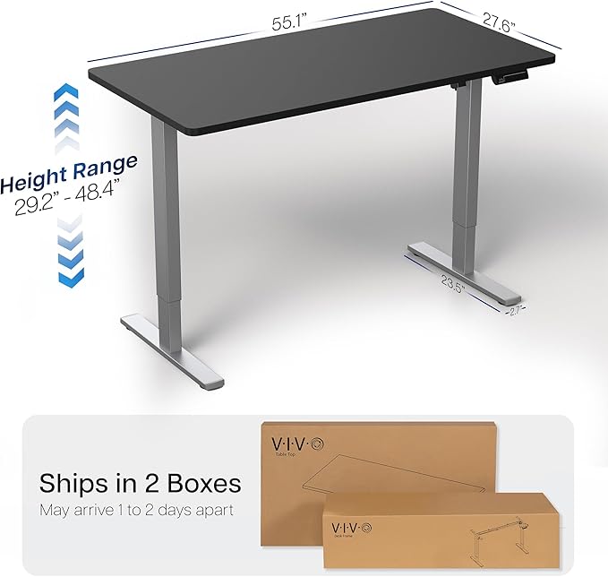 VIVO Electric 55 x 28 in Standing Desk Memory Height Adjustment 1B Series Holds 220 lbs One-Piece Black Top Gray Frame DESK-KIT-1G55B