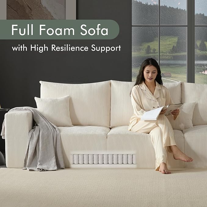 113 Modular Sectional Couch Cloud Boneless Sofa with Deep Seats Upholstered Corduroy Sofa Bed with Loung Chaise 3-Seater Couches for Living Room No Assembly Required Beige