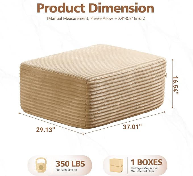 Corduroy Ottoman Footrest - All Foam Construction Dense Support No Wood Frame Movable Pouf for Couch Bed Floor Seating as Comfy Accent Stool