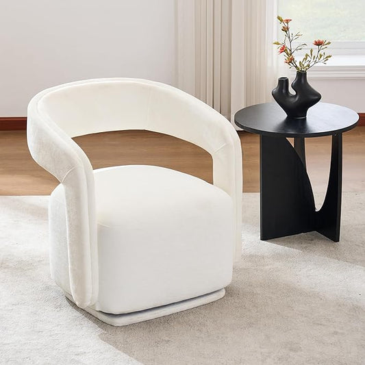 FOXHUNTER Swivel Accent Chair Modern Upholstered Barrel Chair Oversized Round Accent Armchair with Open Back Wooden Base for Living RoomChenil White