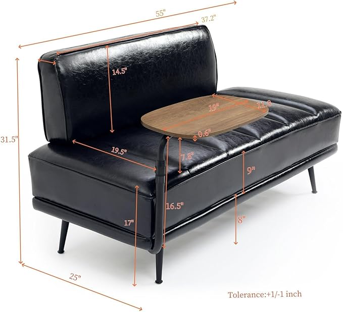 55 Modern Faux Leather Loveseat with 360° Swivel Side Table Mid-Century Tufted 2-Seater Sofa Bench for Living Room Entryway with Metal Legs and Backrest
