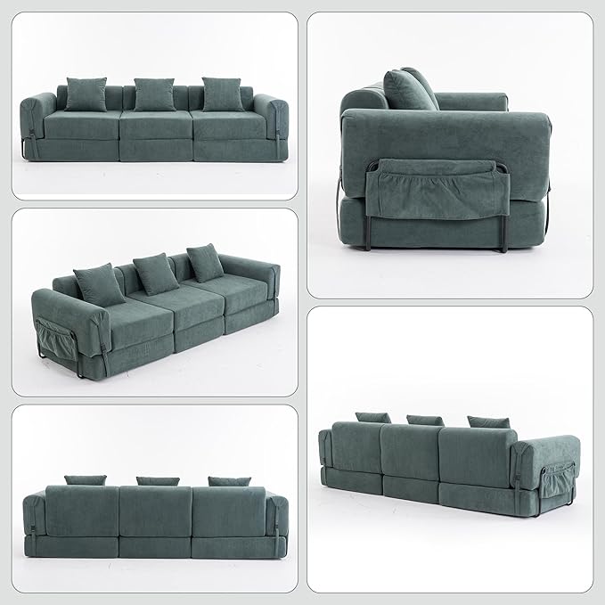 71'' Convertible Sofa Bed with Storage Pocket - Boneless Loveseat with Fixed-Shape Frame - Loveseat Sofa Bed with Pillow Support Folding Couch for Living Room Office Bedroom (Green)