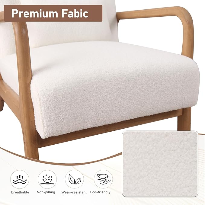 ANJ Mid Century Modern Accent Chair Set of 2 Single Boucle Lounge Reading Armchair with Solid Wood Frame Easy Assembly Arm Chairs for Living Room White