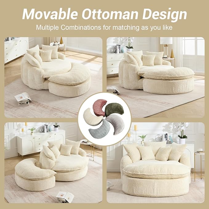 54 Round Chaise Lounge with Ottoman Big Bean Bag Round Sofa Bed Oversized Round Couch Boneless Reading Chair Comfy Plush Chenille Large Chaise Chair for Living Room Apartment Beige