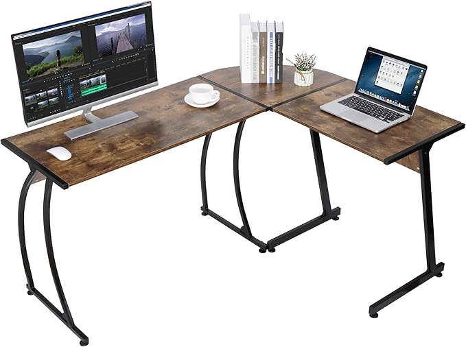 Modern L-Shaped Gaming DeskHome Office Desk with Round Corner Computer DeskStudy Writing PC Laptop Workstation with Solid Steel Frame Desktop Brown