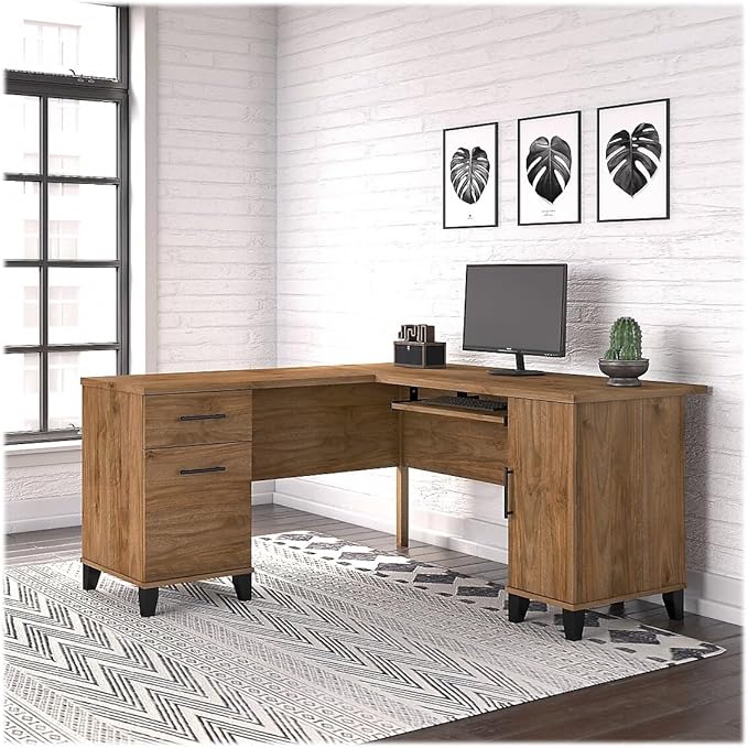 Bush Furniture Somerset L Shaped Desk with Storage in Fresh Walnut Corner Computer Table for Home Office