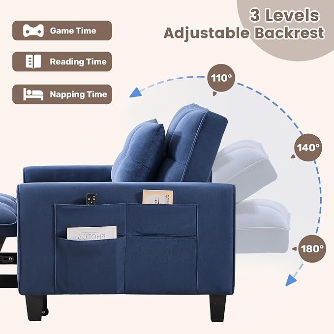 Convertible Sleeper Chair 3 in 1 Sleeper Chair Bed Pull Out Sofa Bed Chair Single Sofa Bed Adjustable Backrest Chairs Bed Sleeper for Adults Reading Living Room Bedroom Velvet Blue