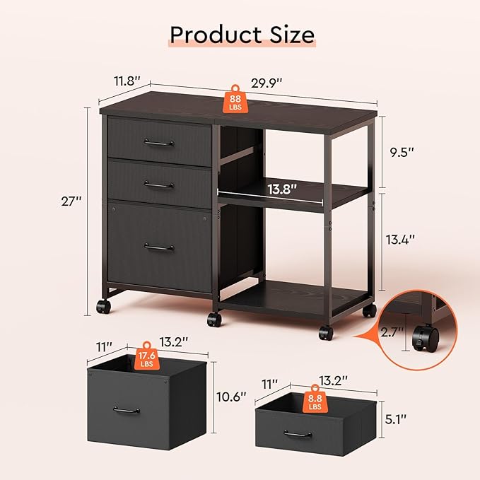 3 Drawer File Cabinet with Wheels Rolling Printer Stand with Open Storage Shelf Fabric Lateral Filing Cabinet for Home OfficeBlack
