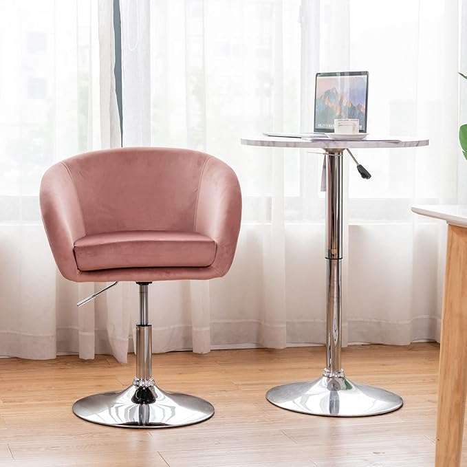 COSTWAY Vanity Chair Height Adjustable Modern Velvet Makeup Chair with Chrome Frame Round-Back Comfortable Swivel Accent Leisure Chair for Living Room Bedroom (Pink)