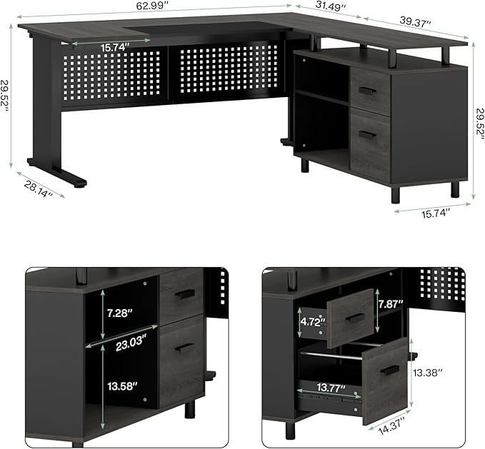 LITTLE TREE Large Computer Desk with File Cabinet 63 Inch Executive Desk L Shaped Office Desk with Drawers and Storage Shelves Business Furniture Desk Workstation for Home Office