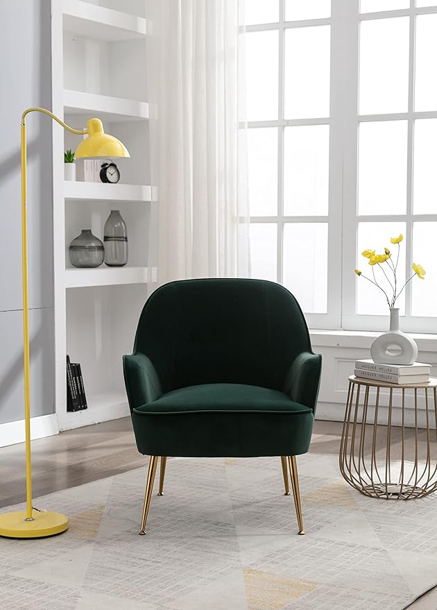 Modern Ergonomics Soft Velvet Fabric Material Accent Chair with Gold Legs and Adjustable Feet Screws for Indoor Home Living RoomDark Green