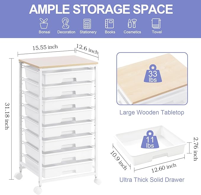 Rolling Storage Cart with DrawersUtility Cart With 8 Drawers and Wooden TabletopRolling Drawer CartStorage Drawer Cart for Living RoomClassroomBedroomBathroomDormOfficeWhite