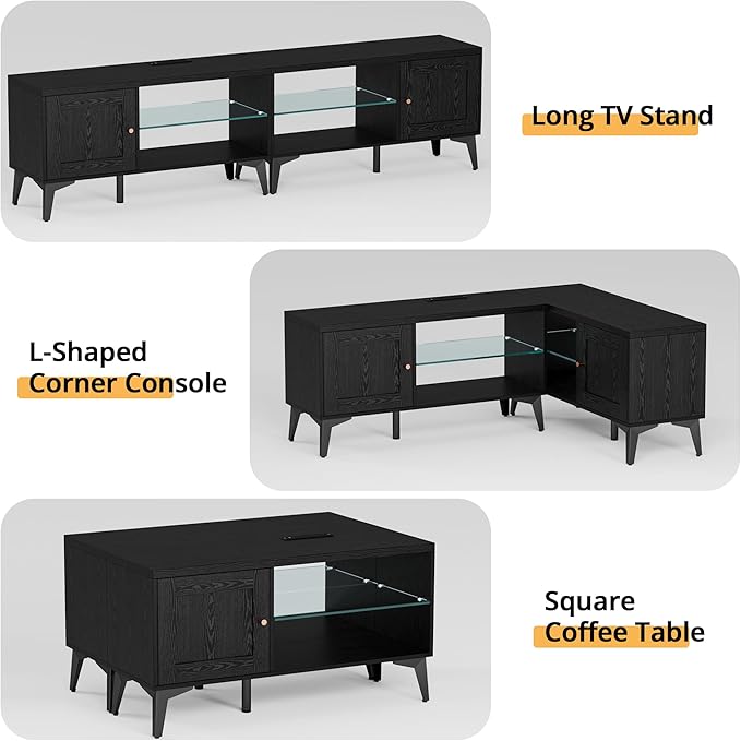 LIKIMIO 2-in-1 TV Stand for 85 Inch TV Black TV Consoles with LED Lights &amp Charging Station Entertainment Center with Storage Cabinets &amp Adjustable Glass Shelves TV Table for Living Room &a