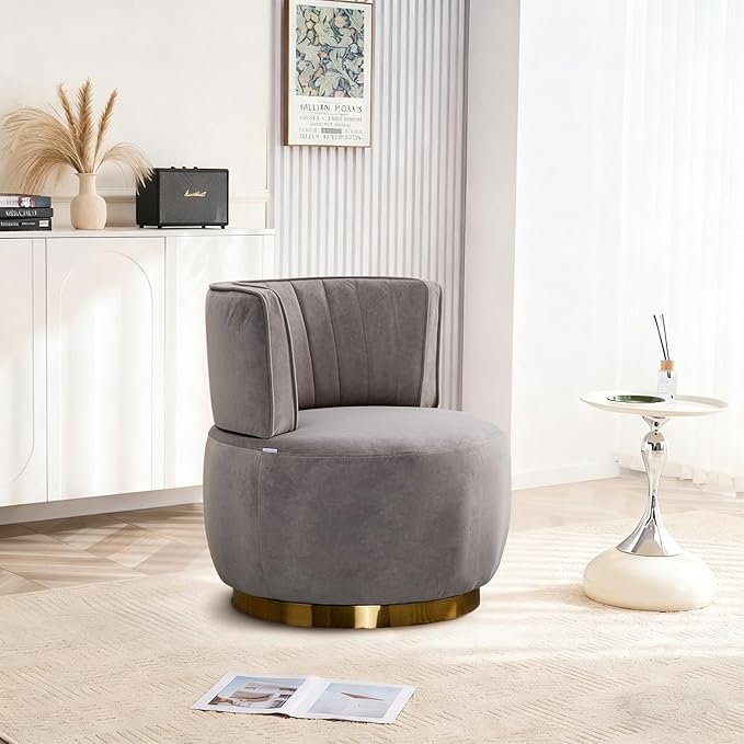 360 Degree Swivel Accent Chair Comfy Round Swivel Barrel Chair with Mental Base Upholstered Cozy Reading Armchairs Modern Lounge Sofa Chairs for Living Room Bedroom Club Office(Velvet Gray)