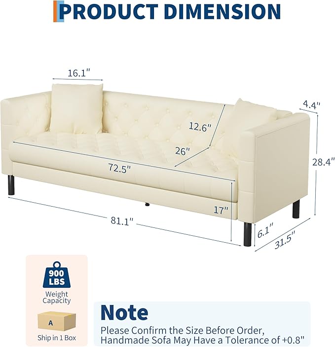 GAOMON 81 Leather Couch Handmade Button Tufted 3 Seater Sofa Chesterfield Sofa with Deep Seat and 2 Pillows Leather Sofa for Living Room Apartment Office Beige