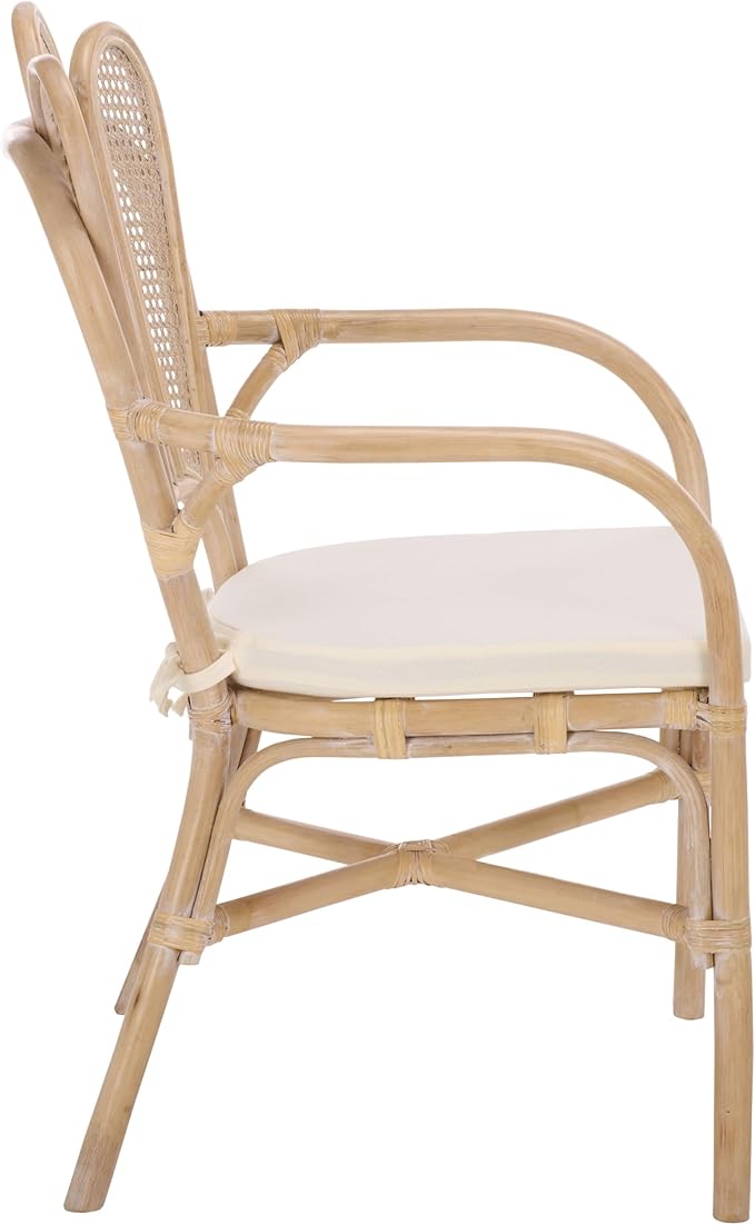 SAFAVIEH Home Collection – Maki White Washed Rattan Arm Chair with Ivory Seat Cushion Curved Scalloped Back Design Fully Assembled (ACH4904A)